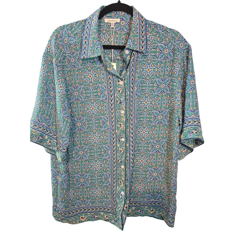 MAX STUDIO‎ Women Green Tile Print Button Down Shirt Short Sleeve Size M New